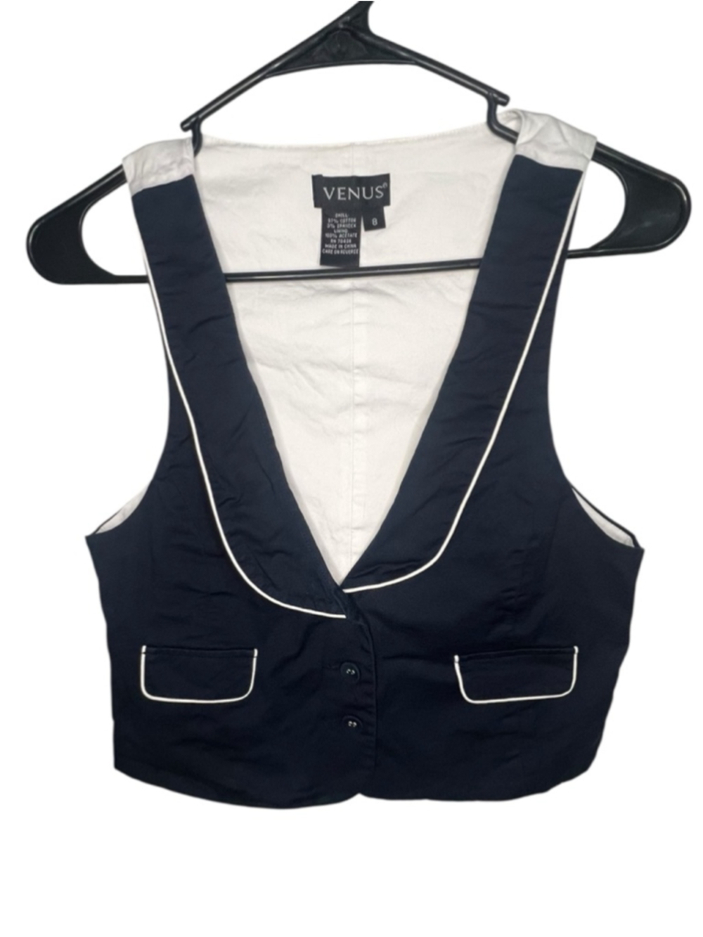 Venus Navy And White Cropped Preppy Button Front Vest With Contrast Trim